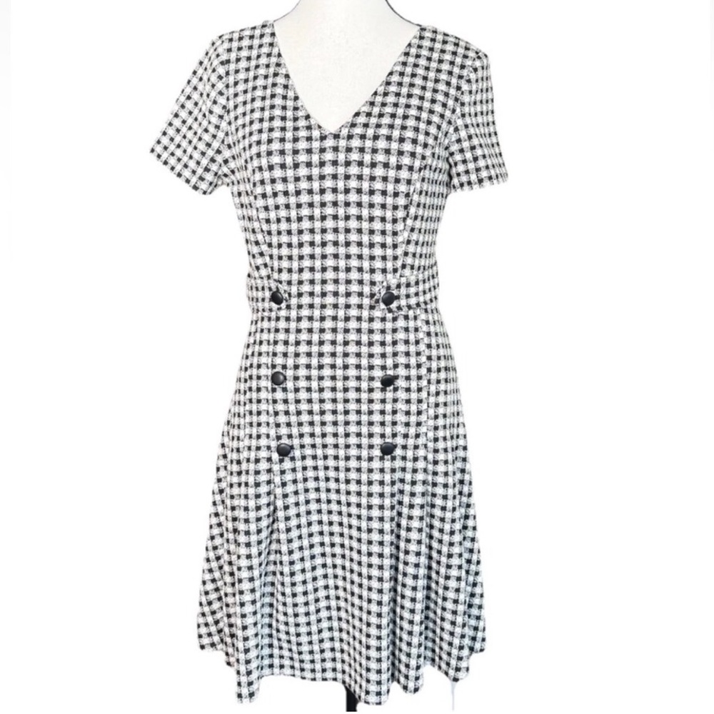 V-Neck Black and White Gingham Mini Dress
